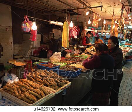 Stock Image - Food market in Taipei, Taiwan. Fotosearch