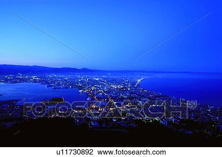 Stock Image - Hakodate Bay at dusk, Hokkaido, Japan. Fotosearch