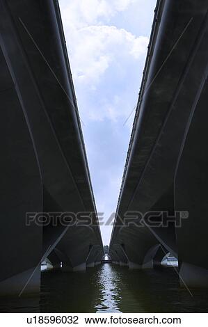 Stock Image - Elevated highway across river, low angle view, Singapore. Fotosearch