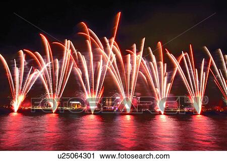 Stock Image - Fireworks in Victoria Harbour. Fotosearch