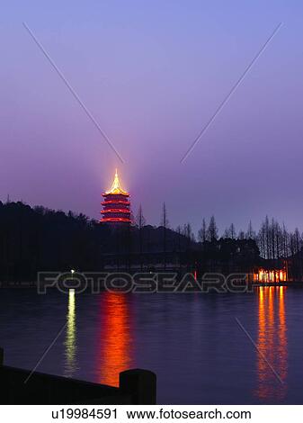 Stock Image - The Six Harmonies Pagoda, West Lake in Hangzhou, Zhejiang Province, People Republic of China. Fotosearch