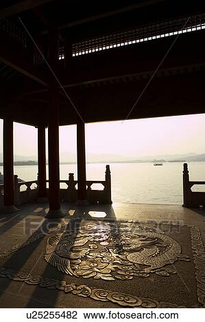 Stock Image - View from Pavilion, West Lake in Hangzhou, Zhejiang Province, People Republic of China. Fotosearch
