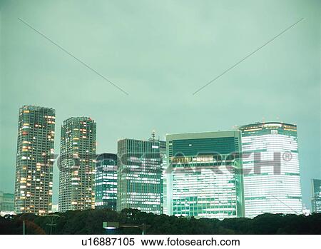 Illuminated office buildings in Shiodome, Tokyo View Large Photo Image Stock Photography - Illuminated office buildings in Shiodome, Tokyo. Fotosearch