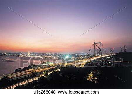 Stock Image - Kanmon Bridge, Kitakyushu City, Fukuoka Prefecture, Japan. Fotosearch