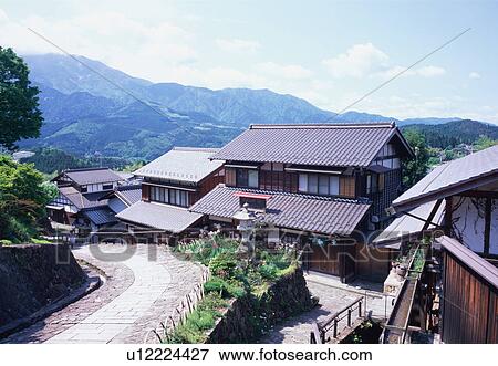 Stock Photo - Residential houses in Magome, Gifu Prefecture, Japan. Fotosearch
