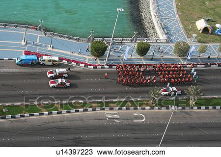 Stock Image - red, dhabi, traffic, road, corniche, light, abu. Fotosearch