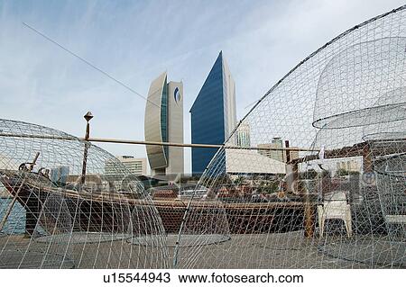 Stock Image - fiushing, nets, dubai, creek, dowh, dohw, modern. Fotosearch
