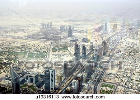 Stock Image - dubai, UAE, aerial, Shk, Zayed, Rd, sheikh. Fotosearch