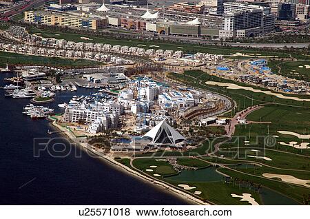 Stock Photo - dubai, aerial, Dubai, Creek, Club, Marina, Boardwalk. Fotosearch