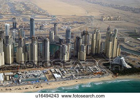 Stock Image - dubai, aerial, dubai, jumeirah, beach, residance, marina. Fotosearch