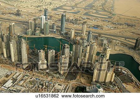 Stock Image - dubai, aerial, dubai, jumeirah, beach, residance, marina. Fotosearch