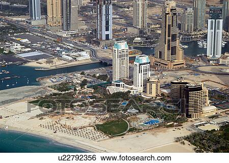 Stock Photograph - dubai, aerial, dubai, jumeirah, beach, residance, marina. Fotosearch