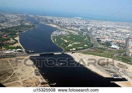 Stock Photo - dubai, aerial, garhoud, garhood, bridge, creek, deira. Fotosearch