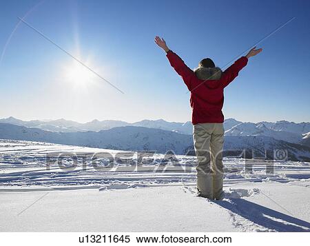 Stock Photography - Young woman admiring mountain view. Fotosearch