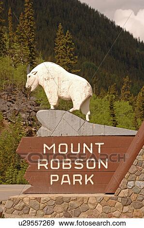 Stock Photo - Carving of Mountain Goat on sign to entrance of Mount Robson Park, Canada. Fotosearch