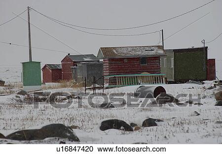 Stock Image - Churchill Northern Manitoba town and surroundings Group of Huts. Fotosearch