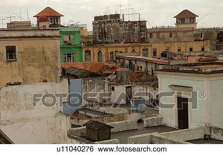 Stock Photograph - High angle view of a dilapidated housing complex, Havana, Cuba. Fotosearch