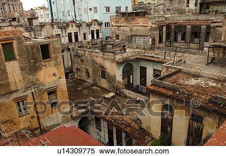 Stock Photography - High angle view of dilapidated housing complex, Havana, Cuba. Fotosearch