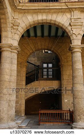 Stock Photograph - View of arches along a building, Havana, Cuba. Fotosearch