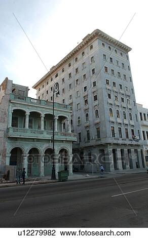 Stock Image - View of the facade of a commercial building, Havana, Cuba. Fotosearch