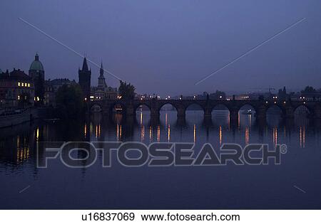 Stock Photo - Bridge at night in Prague. Fotosearch
