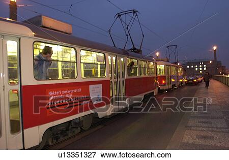 Tram cars at night in Prague View Large Photo Image Stock Photo - Tram cars at night in Prague. Fotosearch