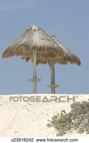 Stock Image - Beach umbrellas on a beach in Mexico. Fotosearch