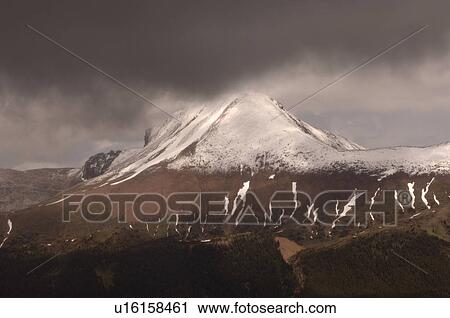 Stock Image - Snow Capped Mountain Peak, Jasper National Park, Canada. Fotosearch
