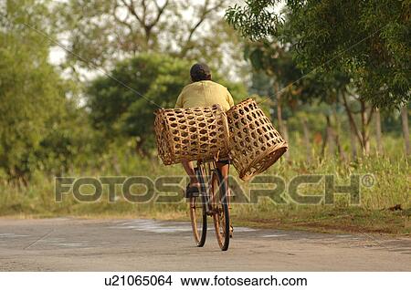Man on bicycle with baskets View Large Photo Image Picture - Man on bicycle with baskets. Fotosearch