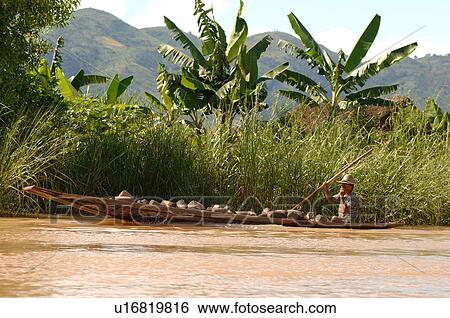 Stock Photograph - Row boat at edge of Inle Lake. Fotosearch
