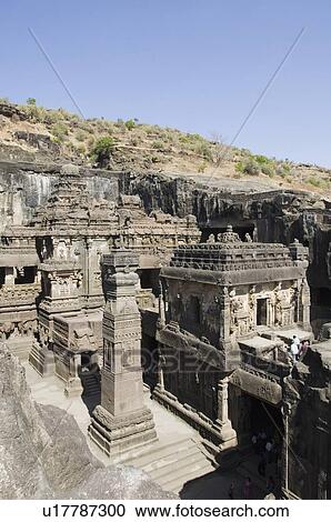 Stock Image - Old ruins of a temple, Kailash Temple, Ellora, Aurangabad, Maharashtra, India. Fotosearch