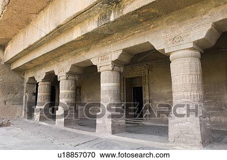 Stock Image - Entrance of a cave, Ajanta, Maharashtra, India. Fotosearch