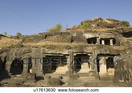 Stock Image - Old ruins of a cave, Ellora, Aurangabad, Maharashtra, India. Fotosearch