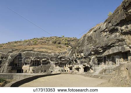 Stock Image - Old ruins of caves, Ellora, Aurangabad, Maharashtra, India. Fotosearch