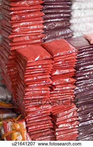Stock Photo - Stack of sindoor packets, Tirupati, Tirumala Venkateswara Temple, Tirumala, Andhra Pradesh, India. Fotosearch