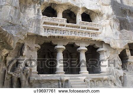 Stock Image - Old ruins of a temple, Kailash Temple, Ellora, Aurangabad, Maharashtra, India. Fotosearch