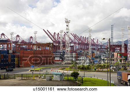 Stock Image - A container terminal in Tsing Yi, New Territories, Hong Kong. Fotosearch