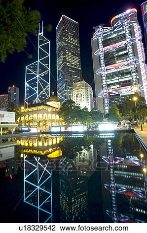 Stock Image - Statue Square at night, in Central, Hong Kong. Fotosearch