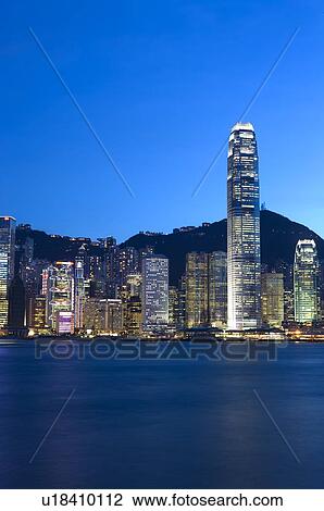 Stock Image - The International Finance Centre at night, in Central District, Hong Kong, . Fotosearch