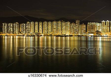 Picture - Tsing Yi skyline at night, New Territories, Hong Kong. Fotosearch