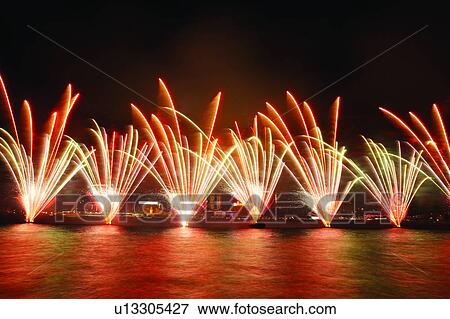 Stock Photo - Fireworks in Victoria Harbour. Fotosearch