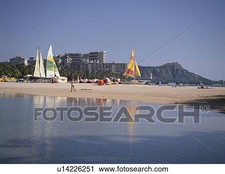 Stock Image - Beach And Diamond Head In Hawaii. Fotosearch