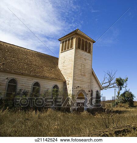 Picture - Old abandoned white wooden church in Maui, Hawaii.. Fotosearch