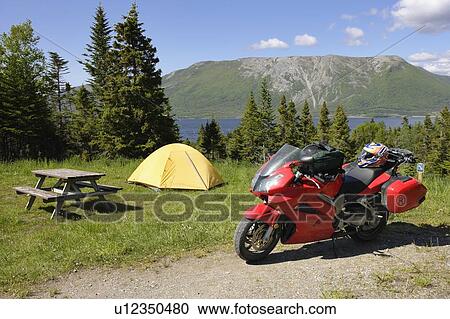 View of campsite and motorcycle at Lomond campground, Gros Morne NP, Newfoundland, Canada View Large Photo Image Stock Image - View of campsite and motorcycle at Lomond campground, Gros Morne NP, Newfoundland, Canada. Fotosearch