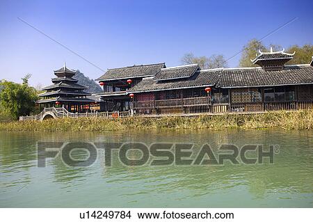 Picture - China, Guangxi Province, Guilin, Yangshuo, pavilions near the lake. Fotosearch