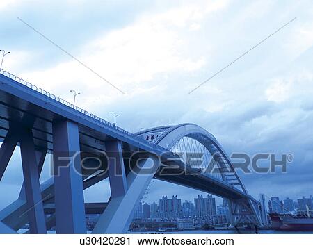 Bridge in dusk, Shanghai, low angle view View Large Photo Image Stock Image - Bridge in dusk, Shanghai, low angle view. Fotosearch