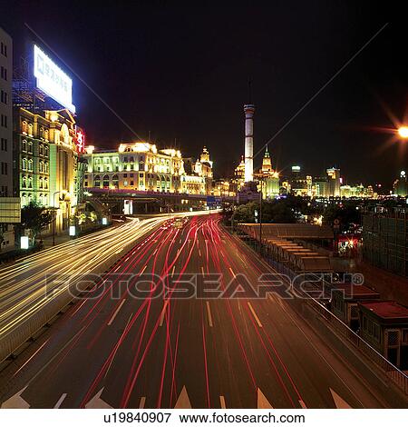 China, Shanghai, Pudong, The Bund, night (blurred motion) View Large Photo Image Stock Photo - China, Shanghai, Pudong, The Bund, night (blurred motion). Fotosearch