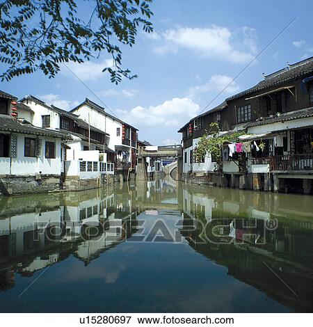 Stock Photo - Chinese Architecture by river, Shanghai. Fotosearch