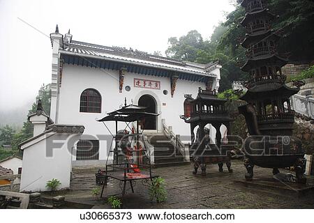 Stock Image - Temple, Mt. Jiuhua, Anhui, China, Asia. Fotosearch