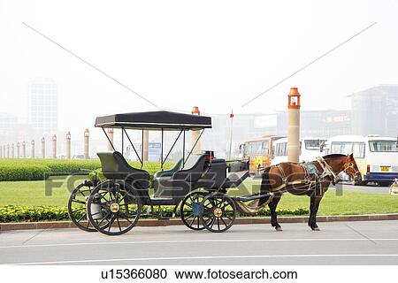 Stock Image - China, Liaoning Province, Dalian, Xinghai Bay Square, Man sitting on horse-drawn carriage. Fotosearch